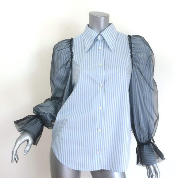 Moussy Tulle-Sleeve Striped Shirt Blue Stretch Cotton One Size Long Sleeve Top - Picture 1 of 8